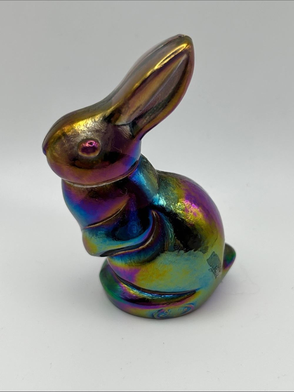 Vintage Fenton miniature iridescent Rainbow Ceramic Bunny Figurine - 2.75H x1.75